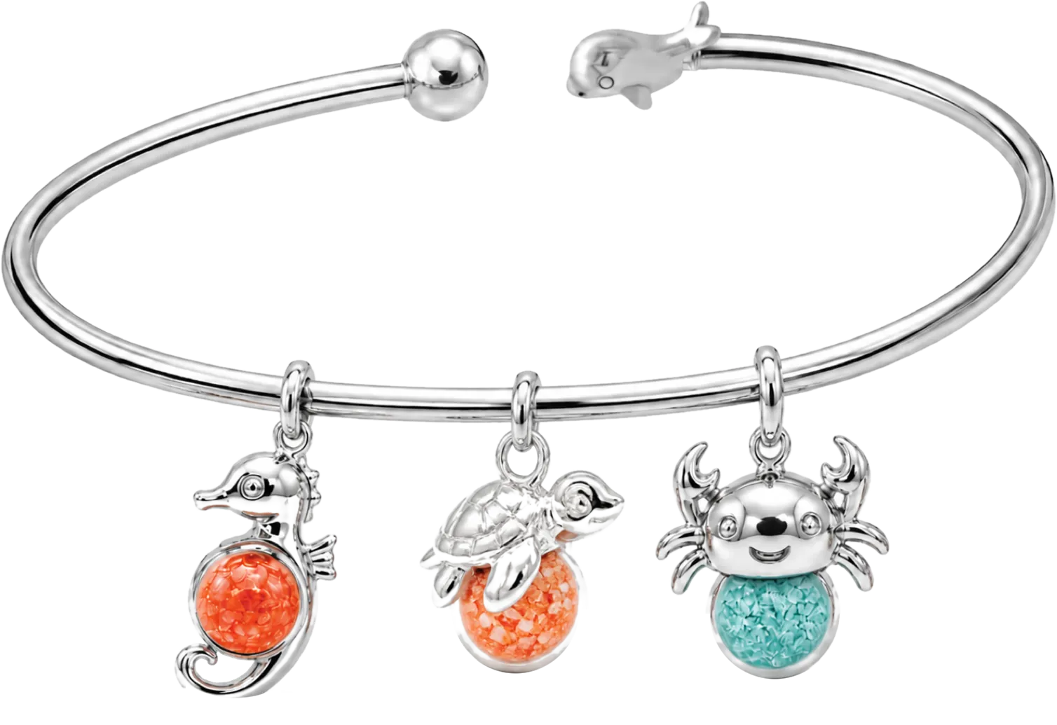 Sea Soul bangle with seahorse, turtle and crab charms holding MyraGem spheres