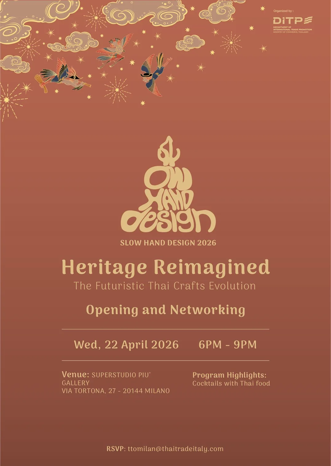 บัตรเชิญงานเปิดนิทรรศการ Slow Hand Design 2026 วันที่ 22 เมษายน 2569 โดย DITP